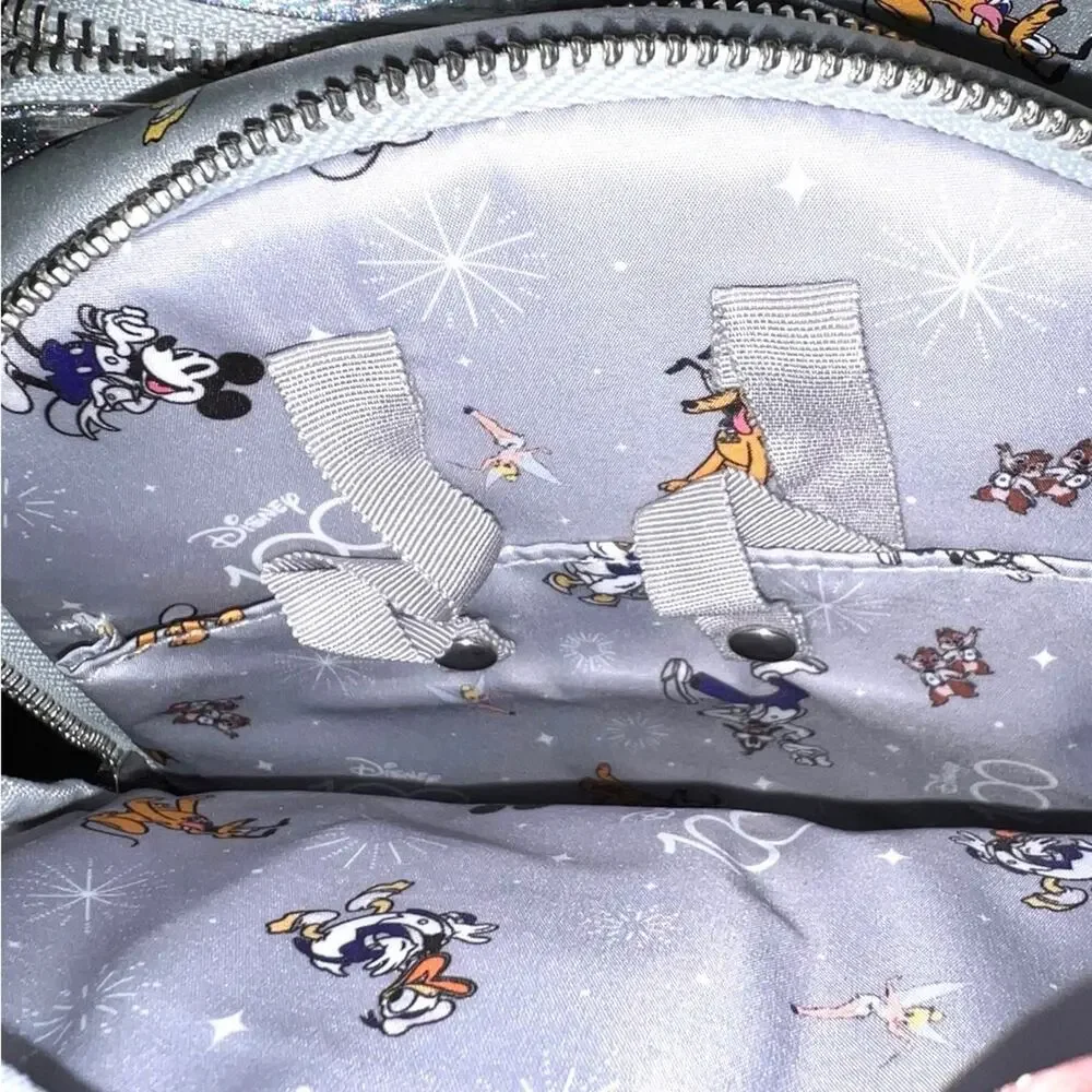 LOUNGEFLY DISNEY PARKS 100th ANNIVERSARY Backpack Bag Silver FAST SHIP 3085-1